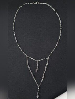 Silver Draped Y-Necklace Black Freshwater Pearls Crystals 11"